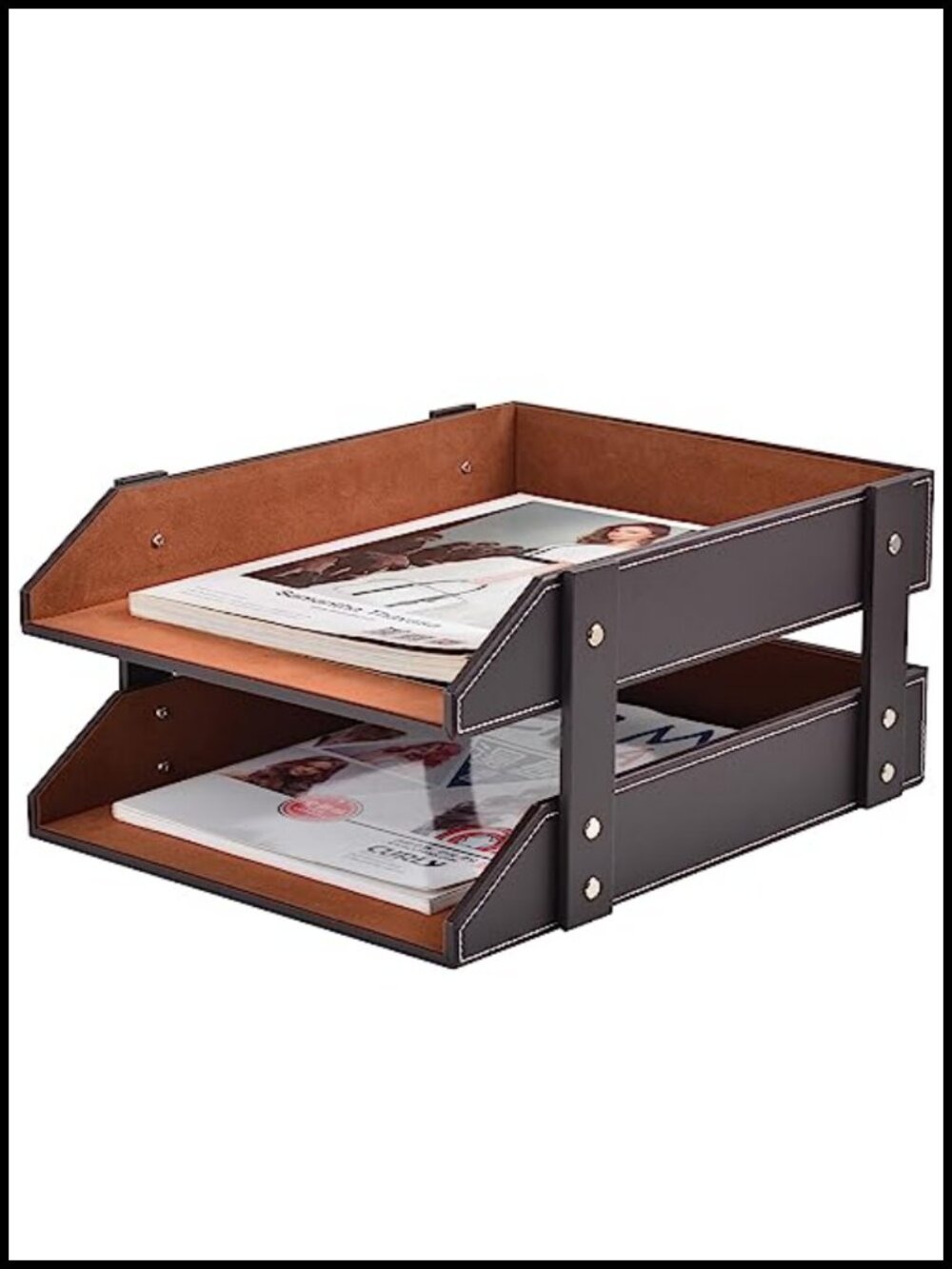 2-Tier Stackable Letter Tray Organizer MDF PU Leather Desk Storage
